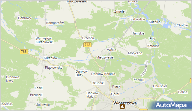 mapa Międzylesie gmina Włoszczowa, Międzylesie gmina Włoszczowa na mapie Targeo