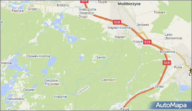 mapa Świnki gmina Modliborzyce, Świnki gmina Modliborzyce na mapie Targeo