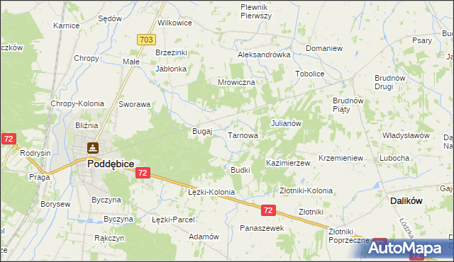 mapa Tarnowa gmina Poddębice, Tarnowa gmina Poddębice na mapie Targeo
