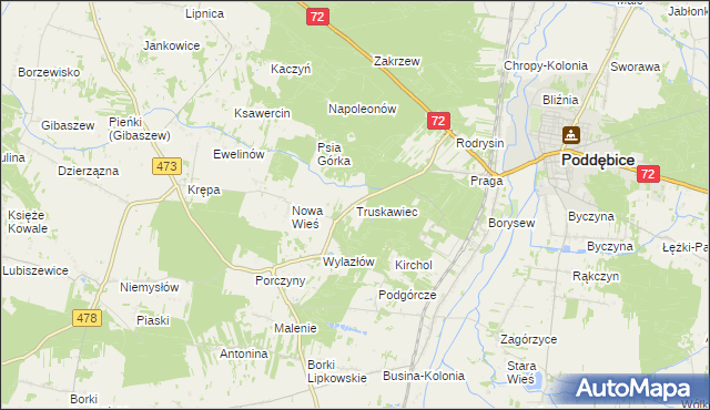 mapa Truskawiec gmina Poddębice, Truskawiec gmina Poddębice na mapie Targeo