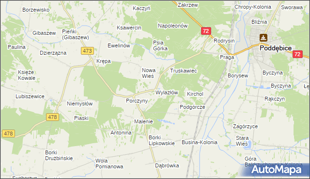 mapa Wylazłów gmina Poddębice, Wylazłów gmina Poddębice na mapie Targeo