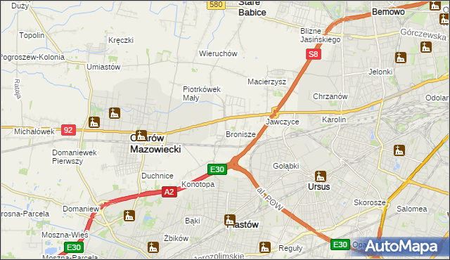 mapa Bronisze gmina Ożarów Mazowiecki, Bronisze gmina Ożarów Mazowiecki na mapie Targeo