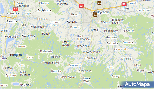 mapa Brzezinka gmina Andrychów, Brzezinka gmina Andrychów na mapie Targeo