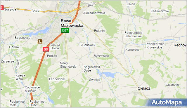 mapa Byszewice gmina Rawa Mazowiecka, Byszewice gmina Rawa Mazowiecka na mapie Targeo