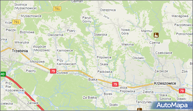 mapa Filipowice gmina Krzeszowice, Filipowice gmina Krzeszowice na mapie Targeo
