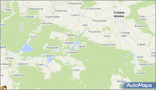 mapa Jasień gmina Kobiele Wielkie, Jasień gmina Kobiele Wielkie na mapie Targeo