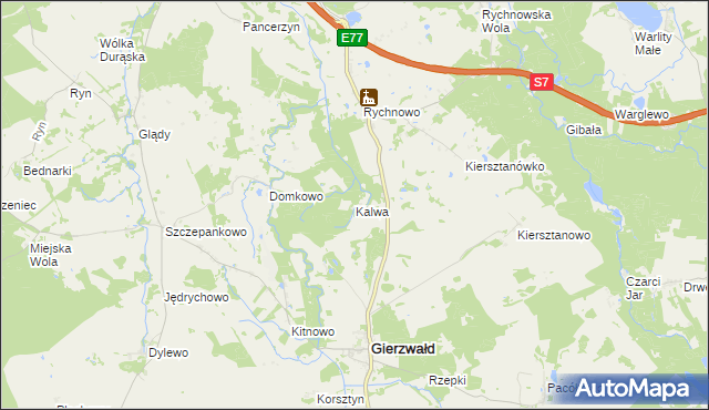 mapa Kalwa gmina Grunwald, Kalwa gmina Grunwald na mapie Targeo