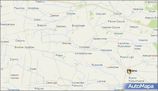 mapa Koszajec gmina Rybno, Koszajec gmina Rybno na mapie Targeo