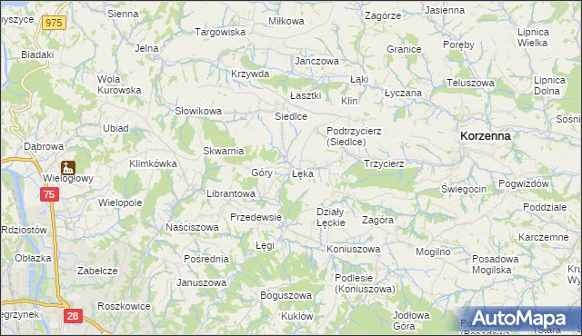 mapa Łęka gmina Korzenna, Łęka gmina Korzenna na mapie Targeo