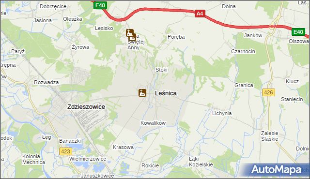 mapa Leśnica powiat strzelecki, Leśnica powiat strzelecki na mapie Targeo