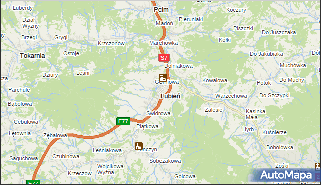 mapa Lubień powiat myślenicki, Lubień powiat myślenicki na mapie Targeo