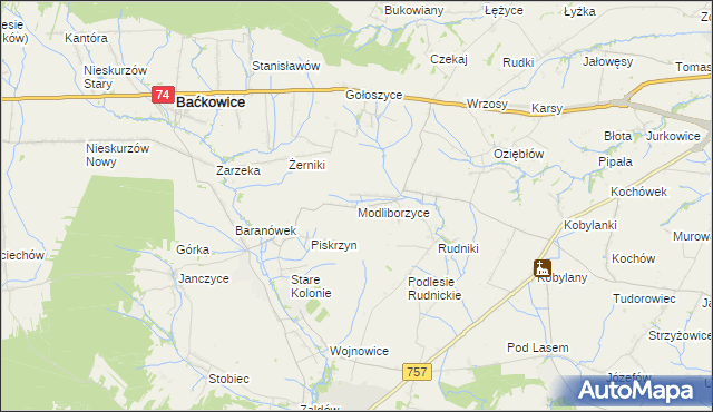 mapa Modliborzyce gmina Baćkowice, Modliborzyce gmina Baćkowice na mapie Targeo
