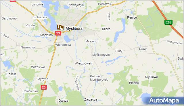 mapa Myśliborzyce gmina Myślibórz, Myśliborzyce gmina Myślibórz na mapie Targeo