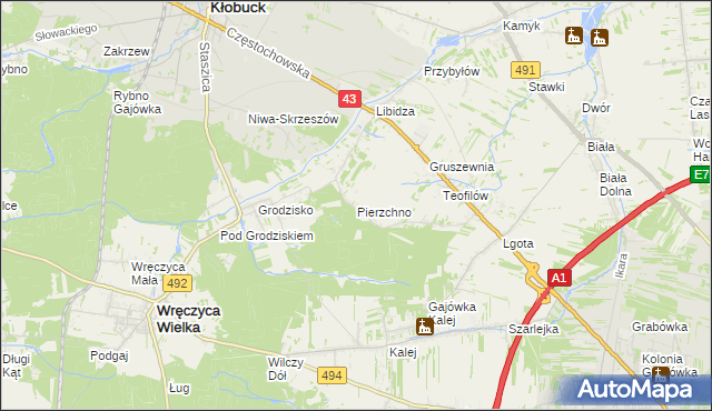 mapa Pierzchno gmina Wręczyca Wielka, Pierzchno gmina Wręczyca Wielka na mapie Targeo