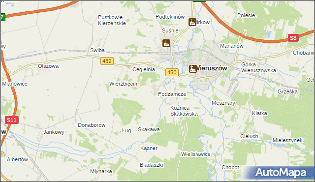 mapa Podzamcze gmina Wieruszów, Podzamcze gmina Wieruszów na mapie Targeo