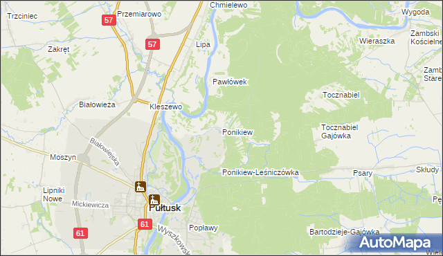 mapa Ponikiew gmina Pułtusk, Ponikiew gmina Pułtusk na mapie Targeo
