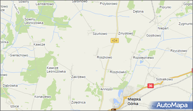 mapa Roszkowo gmina Miejska Górka, Roszkowo gmina Miejska Górka na mapie Targeo