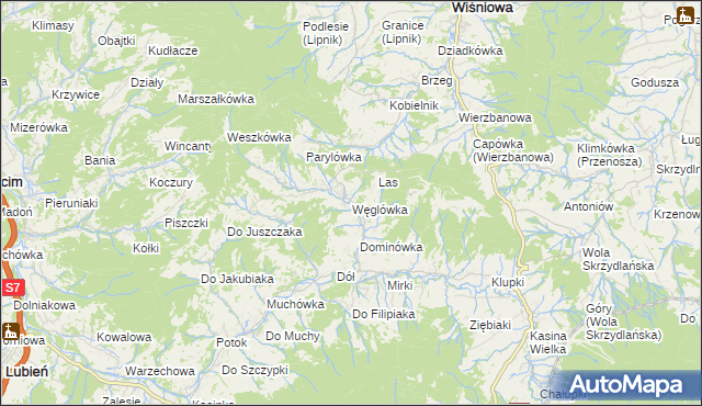 mapa Węglówka gmina Wiśniowa, Węglówka gmina Wiśniowa na mapie Targeo