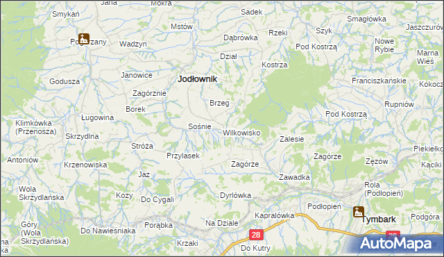 mapa Wilkowisko gmina Jodłownik, Wilkowisko gmina Jodłownik na mapie Targeo