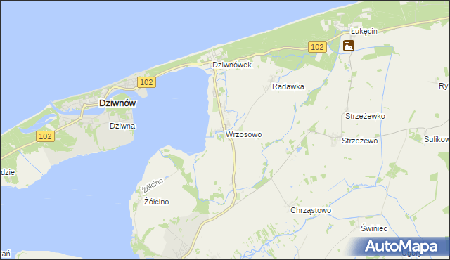mapa Wrzosowo gmina Kamień Pomorski, Wrzosowo gmina Kamień Pomorski na mapie Targeo