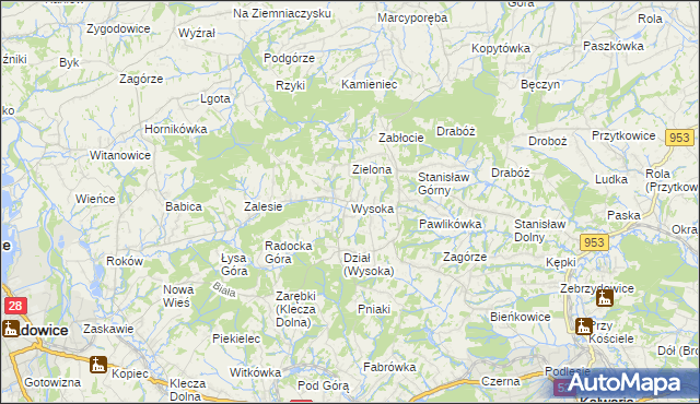 mapa Wysoka gmina Wadowice, Wysoka gmina Wadowice na mapie Targeo