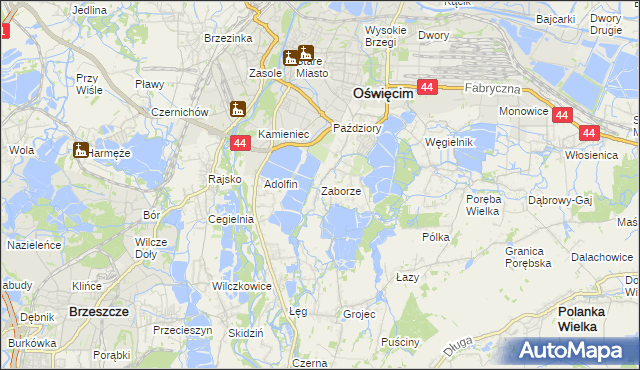 mapa Zaborze gmina Oświęcim, Zaborze gmina Oświęcim na mapie Targeo