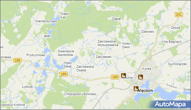 mapa Zakrzewek gmina Więcbork, Zakrzewek gmina Więcbork na mapie Targeo