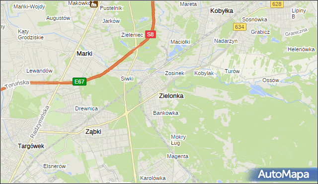 mapa Zielonka powiat wołomiński, Zielonka powiat wołomiński na mapie Targeo
