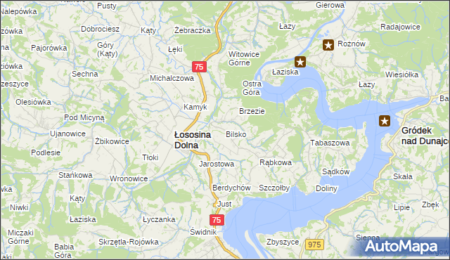 mapa Bilsko gmina Łososina Dolna, Bilsko gmina Łososina Dolna na mapie Targeo