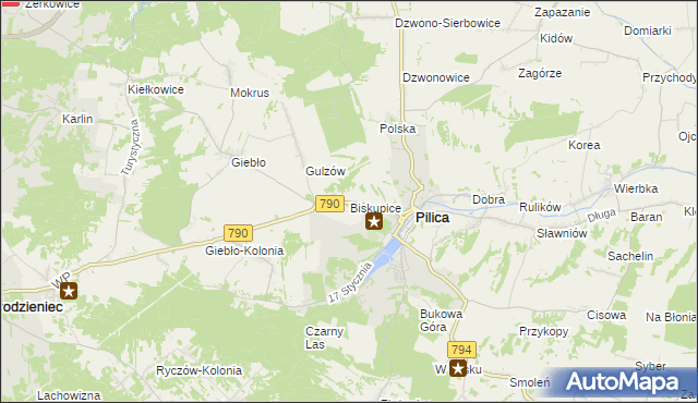 mapa Biskupice gmina Pilica, Biskupice gmina Pilica na mapie Targeo