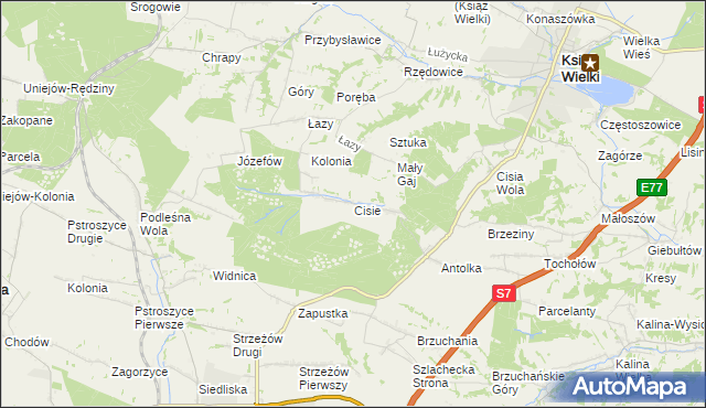 mapa Cisie gmina Książ Wielki, Cisie gmina Książ Wielki na mapie Targeo