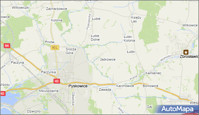 mapa Jaśkowice gmina Zbrosławice, Jaśkowice gmina Zbrosławice na mapie Targeo