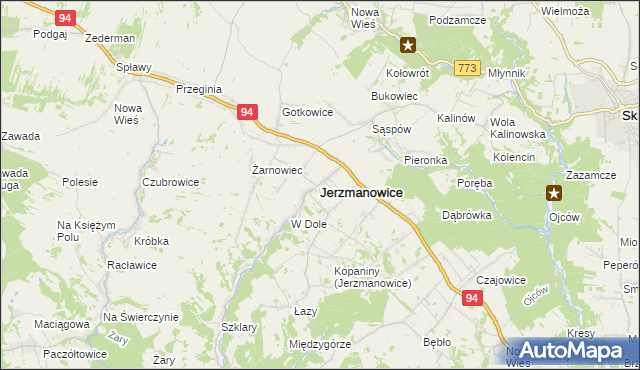 mapa Jerzmanowice gmina Jerzmanowice-Przeginia, Jerzmanowice gmina Jerzmanowice-Przeginia na mapie Targeo