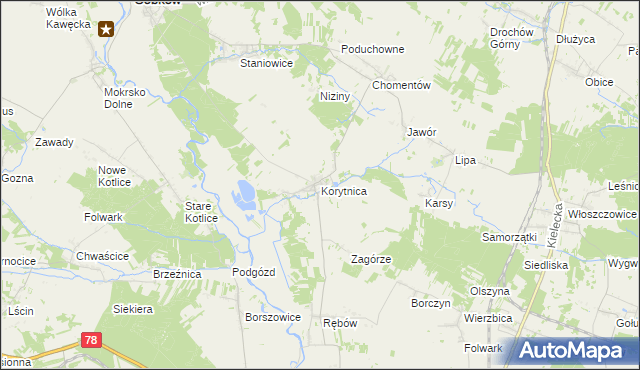 mapa Korytnica gmina Sobków, Korytnica gmina Sobków na mapie Targeo