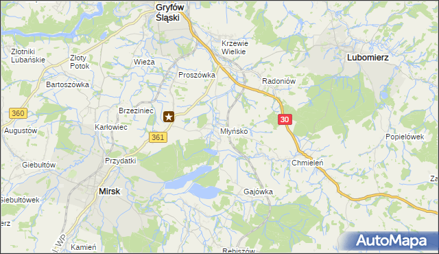 mapa Młyńsko gmina Gryfów Śląski, Młyńsko gmina Gryfów Śląski na mapie Targeo
