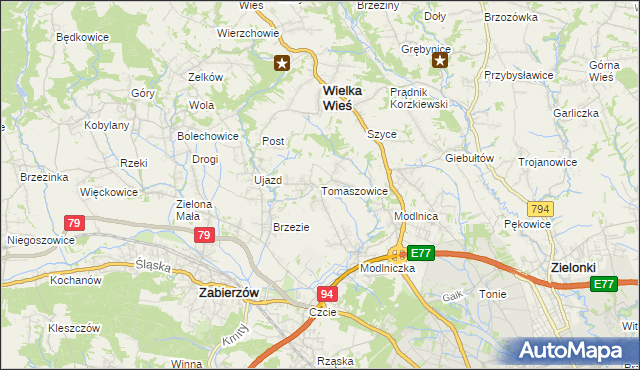 mapa Tomaszowice gmina Wielka Wieś, Tomaszowice gmina Wielka Wieś na mapie Targeo