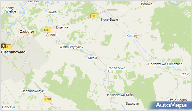 mapa Trzaski gmina Ciechanowiec, Trzaski gmina Ciechanowiec na mapie Targeo
