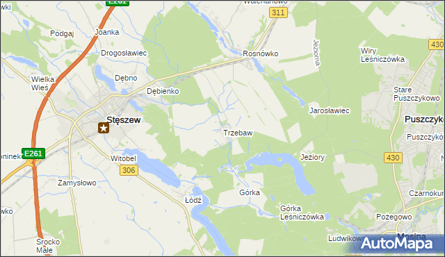 mapa Trzebaw gmina Stęszew, Trzebaw gmina Stęszew na mapie Targeo