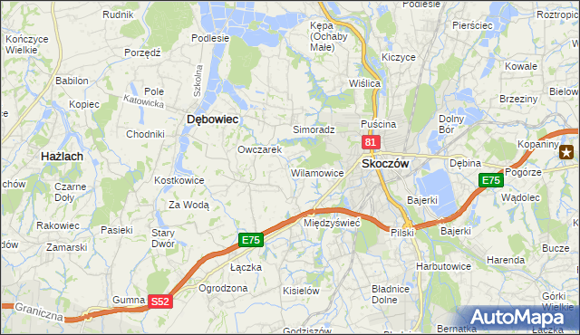mapa Wilamowice gmina Skoczów, Wilamowice gmina Skoczów na mapie Targeo