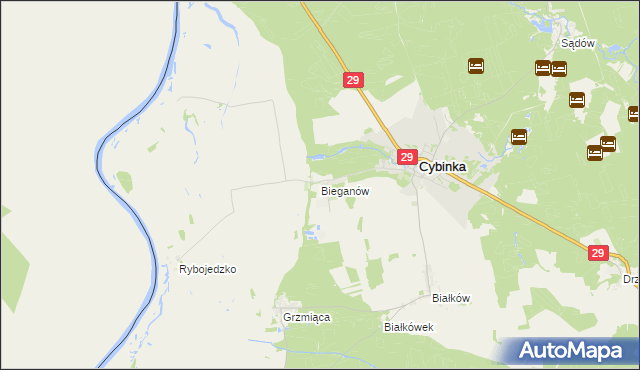 mapa Bieganów gmina Cybinka, Bieganów gmina Cybinka na mapie Targeo
