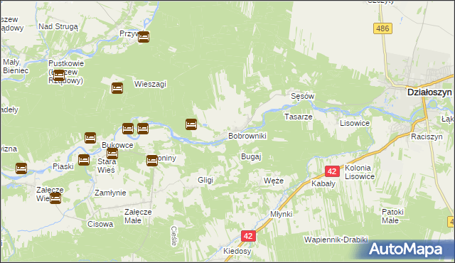 mapa Bobrowniki gmina Działoszyn, Bobrowniki gmina Działoszyn na mapie Targeo