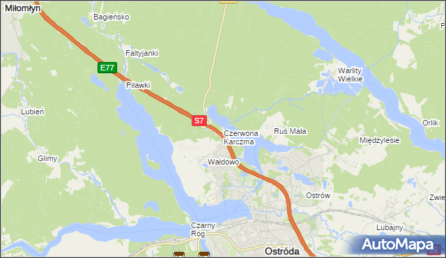 mapa Czerwona Karczma gmina Ostróda, Czerwona Karczma gmina Ostróda na mapie Targeo
