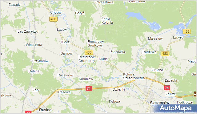 mapa Dubie gmina Szczerców, Dubie gmina Szczerców na mapie Targeo