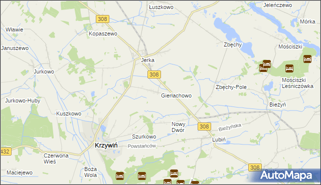 mapa Gierłachowo gmina Krzywiń, Gierłachowo gmina Krzywiń na mapie Targeo