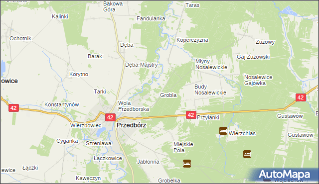 mapa Grobla gmina Przedbórz, Grobla gmina Przedbórz na mapie Targeo