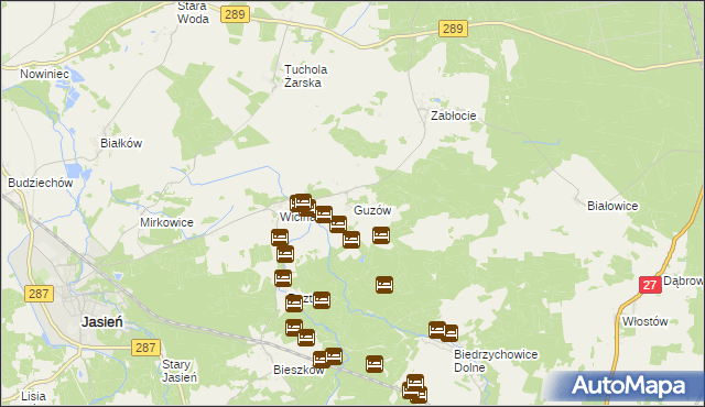 mapa Guzów gmina Jasień, Guzów gmina Jasień na mapie Targeo