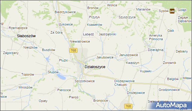 mapa Jakubowice gmina Działoszyce, Jakubowice gmina Działoszyce na mapie Targeo