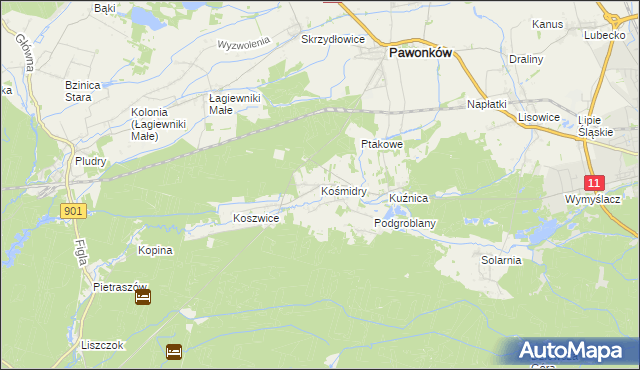 mapa Kośmidry gmina Pawonków, Kośmidry gmina Pawonków na mapie Targeo