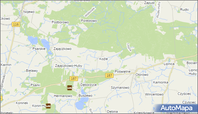 mapa Koźle gmina Szamotuły, Koźle gmina Szamotuły na mapie Targeo