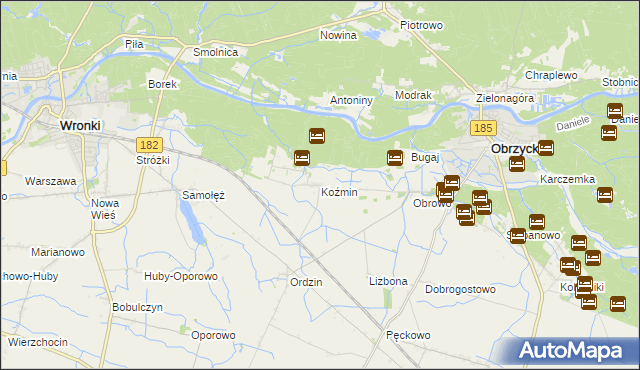 mapa Koźmin gmina Obrzycko, Koźmin gmina Obrzycko na mapie Targeo